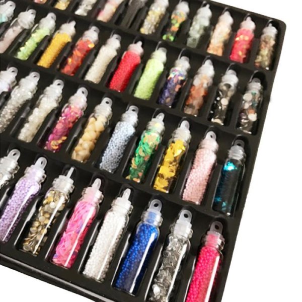 画像2: ★ 福袋・同梱不可・送料無料 ★ ￥1,100円 ガラス瓶入り 封入 素材 ＆ パーツ 48個入り 福袋 ラメ ホロ シェル 六角 UVレジン 封入パーツ ネイル ジェルネイル セルフネイル ネイルパーツ ミニチュア ハンドメイド グッズ 大量 いっぱい (2)